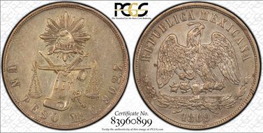 1869-Mo C Peso KM-408.5 AU50