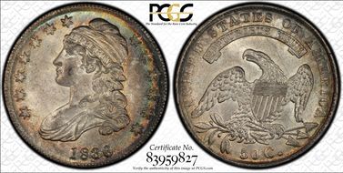 1836 50C O-106a LE, Beaded Reverse MS64+