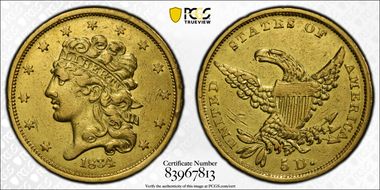 1834 $5 Classic Head, Plain 4 XF45