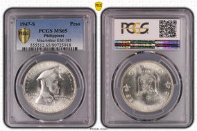 1947-S Peso KM-185, MacArthur MS65