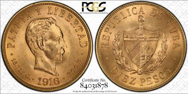 1916 10 Peso KM-20  Au MS64