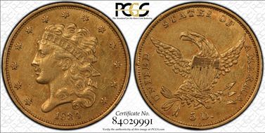 1834 $5 Classic Head, Plain 4 AU53