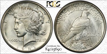 1921 $1 High Relief, Peace MS65+