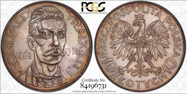 1933(w) 10 Zl Traugutt KM-24  Ag MS62