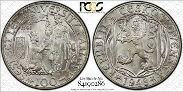 1948 100 Kor Charles University KM-26 Ag MS67