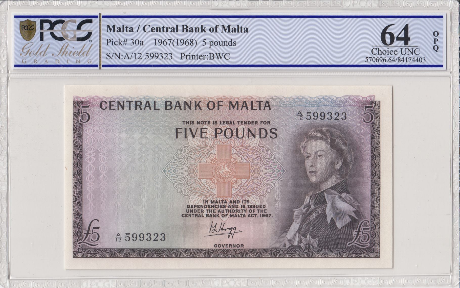 Pick 30a 19671968 5 Pounds Central Bank Of Malta Bwc Pcgs Notefacts 3298