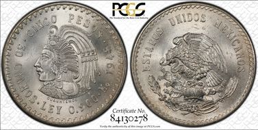 1948-Mo 5 Peso Cuauhtemoc KM-465  Ag MS65