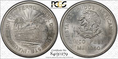 1950-Mo 5 Peso Southeastern Railroad KM-466  Ag MS65