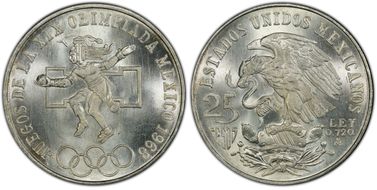 1968-Mo 25 Peso Olympic KM-479.1 Rings Align, Straight Tongue MS67