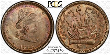 1863 Token F-45/350 Copper Liberty-Crossed Cannons MS65BN