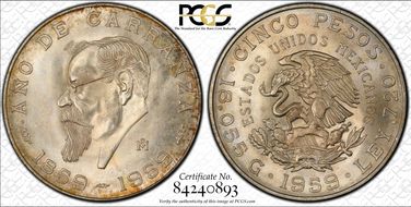 1959-Mo 5 Peso Carranza KM-471  Ag MS66