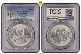 1961 Peso Dr. Jose Rizal KM-192  Ag MS63