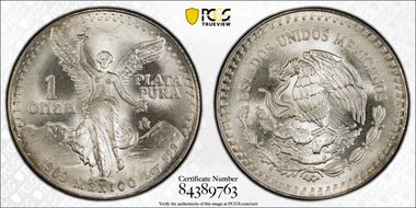 1989-Mo Onza Libertad Ag w/o Dot before 999 MS67