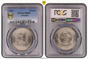 1968-B 5 Peso Intn'l Eucharistic Congress MS65