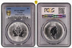 1990 $5 Maple Leaf 1oz Ag MS67