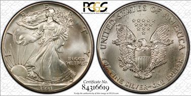 1991 $1 Silver Eagle MS67