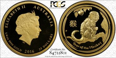 2016-P $25 Year of the Monkey  1/4oz Au PR69DCAM