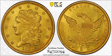 1836 $5 HM-6 MS62+
