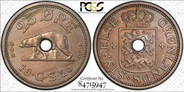 1926-HCN GJ 25 Øre KM-6 Holed MS63