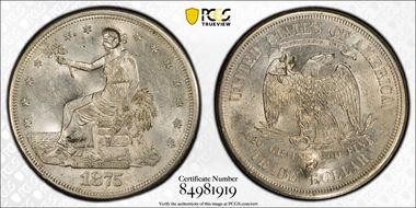 1875-S/CC T$1 TDV-12, FS-501, OMM Chopmarked MS61