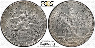 1913 Peso Caballito KM-453  Ag AU55