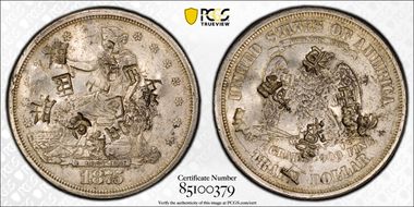 1875-S T$1 Type-I/I Chopmarked AU53