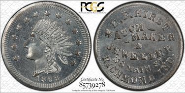 1863 Token F-800C-3i Zinc RE E.F. Hirst MS66