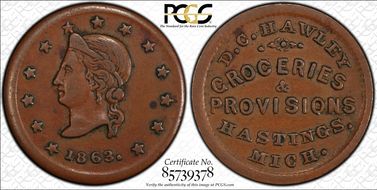 1863 Token F-440A-2a Copper PE D.C. Hawley AU50BN