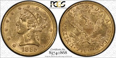 1885 $5 MS62