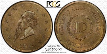 1863 Token F-630AQ-3b Brass PE Gustavus Lindenmueller MS65