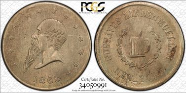 1863 Token F-630AQ-3d Copper-Nickel PE Gustavus Lindenmueller MS63