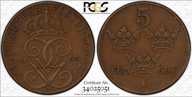 1950 5 Öre KM-779.2 Bronze XF45BN