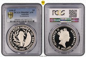 1990-P $5 Kookaburra Ag PR69DCAM
