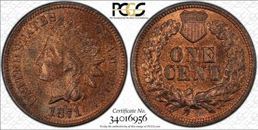 1871 1C Shallow N, FS-901 MS64+ RB