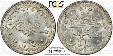 AH1327//1 (1909) 5 Kur KM-750 MS64