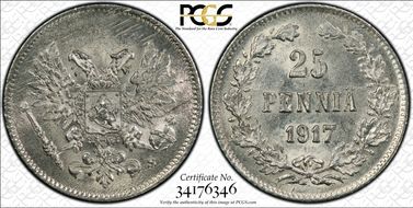 1917-S 25 Pen w/o Crown KM-19  Ag MS64