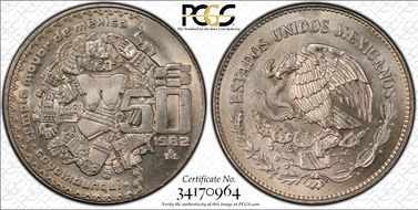 1982-Mo 50 Peso KM-490 Coyolxauhqui MS66