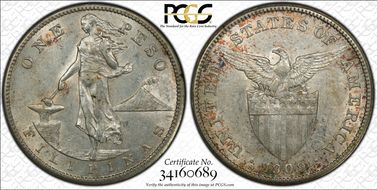 1909-S Peso KM-172  Ag AU58
