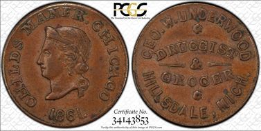 1861 Token F-450O-2a Copper PE Geo W. Underwood AU58BN