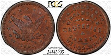 1863 Token F-700A-2a Copper PE G.A. Colby & Co. AU58BN