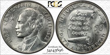 1953 50C Jose Marti KM-28  Ag MS62