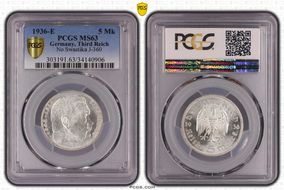 1936-E 5 Mk No Swastika J-360 MS63