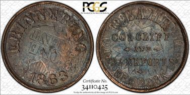 1863 Token F-630C-4do Copper-Nickel PE C. Bahr, Stk Over 1863 1C MS63