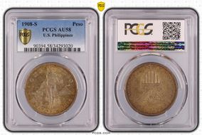 1908-S Peso KM-172  Ag AU58