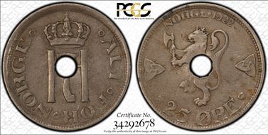 1922 25 Øre KM-382 w/Hole AU50
