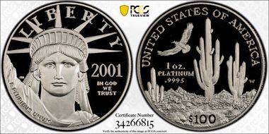 2001-W $100 Statue of Liberty PR70DCAM