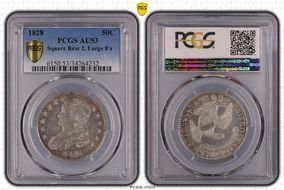 1828 50C Square Base 2, Large 8s AU53