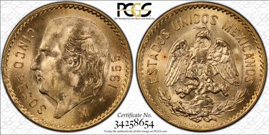 1955-M 5 Peso KM-464  Au MS66