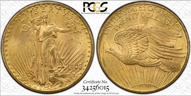 1908 $20 No Motto MS64