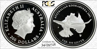 2001-P $200/$1 Kookaburra Mule Ag PR67DCAM